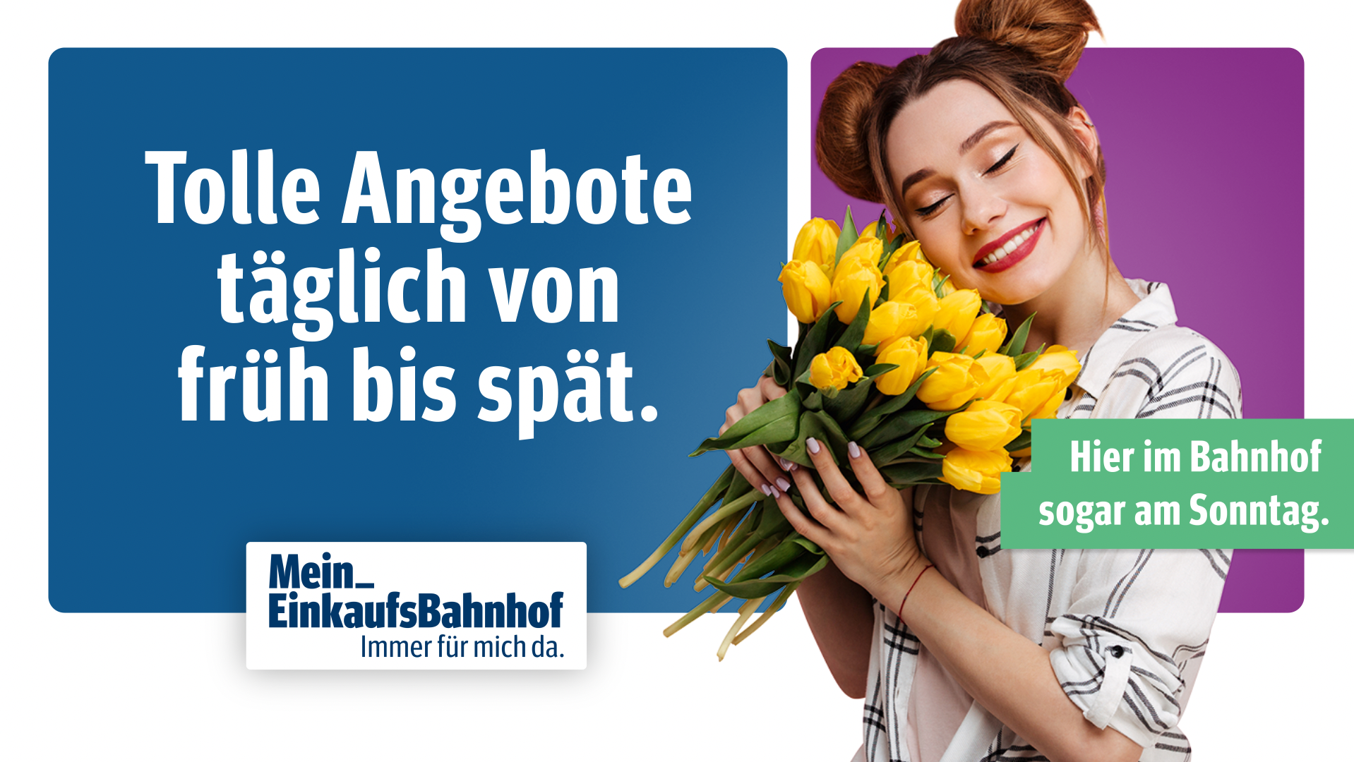 Animation mit Elementen des Mein Einkaufsbahnhof Erscheinungsbildes: Logo, Typografie, Farbflächen und Bildwelt, Video