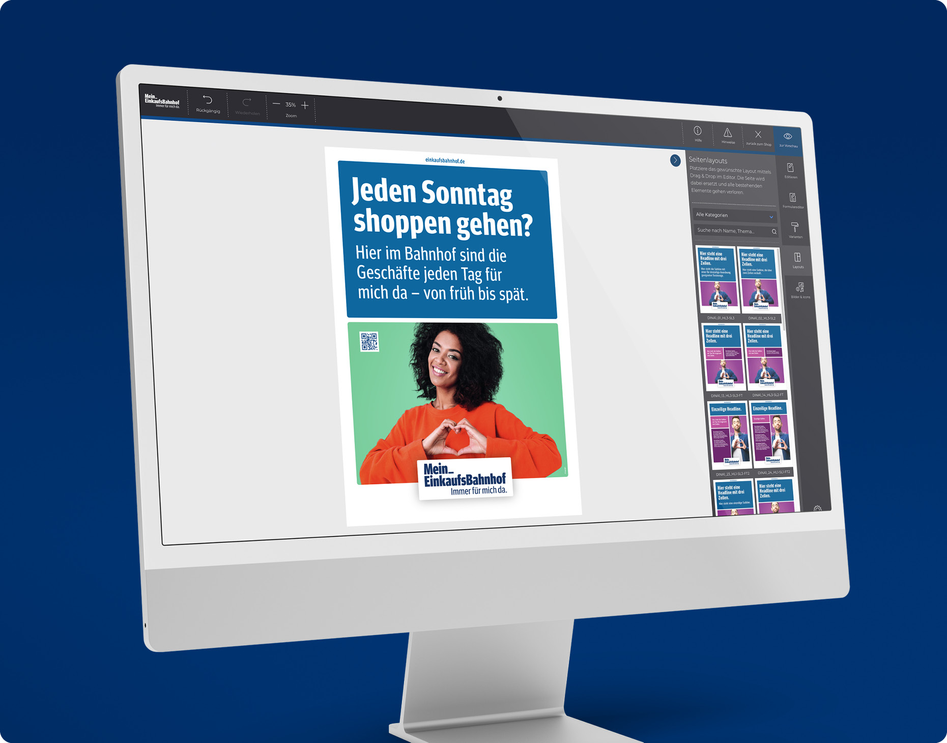 Computerbildschirm mit Interface des MEKB Web-to-Print-Tools auf dunkelblauem Hintergrund