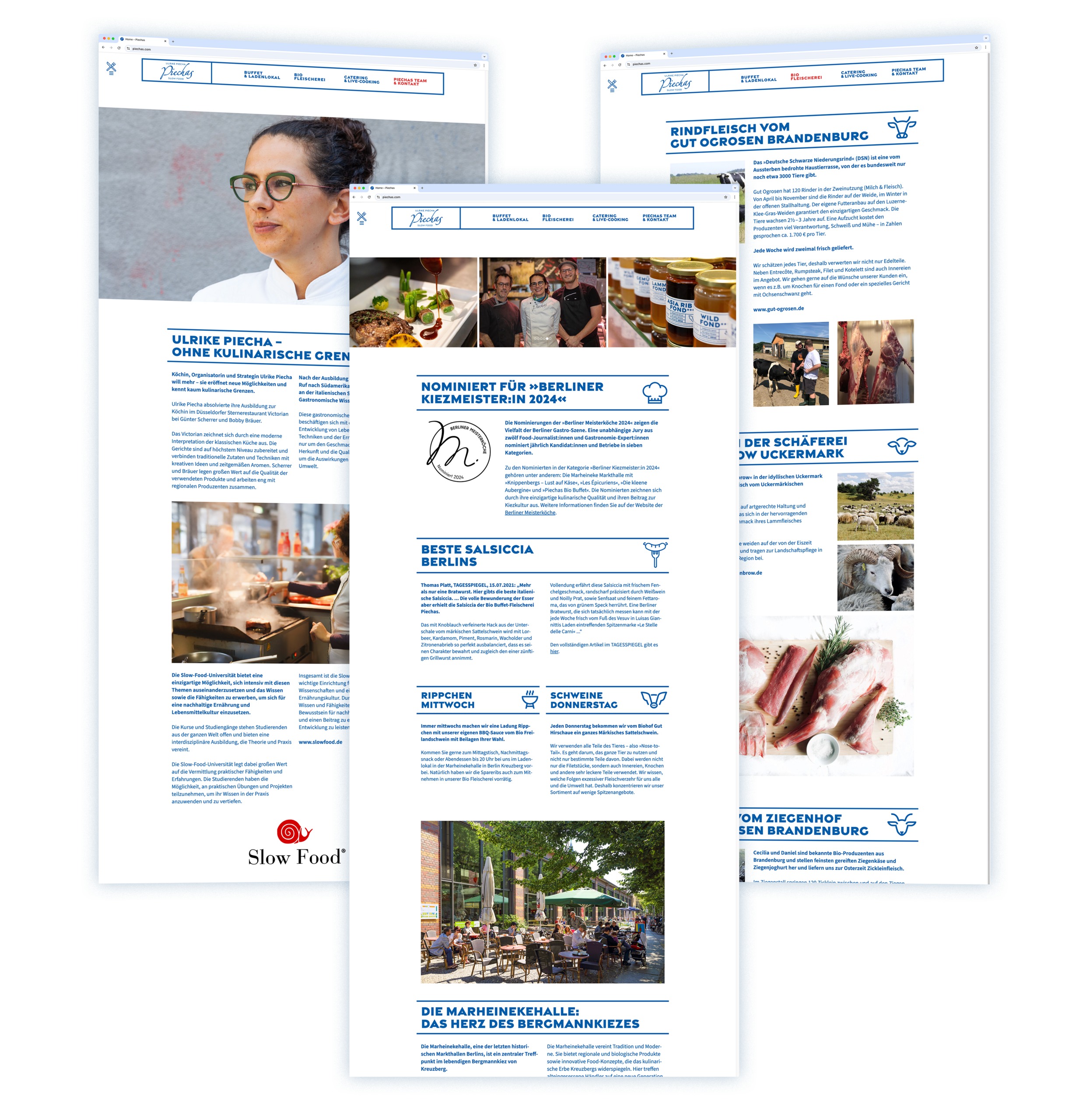 Drei Menüpunkte der Piechas Website als Screenshots