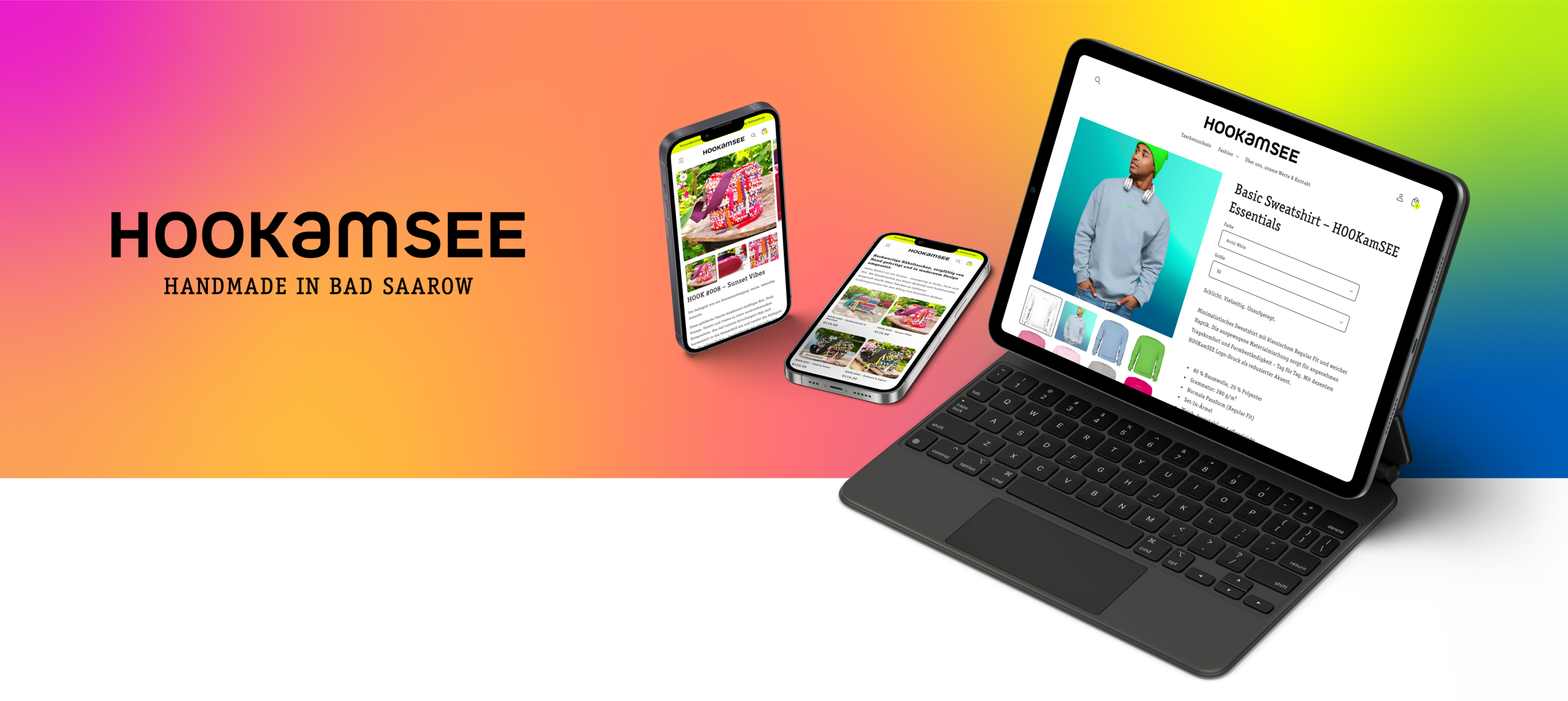 HOOKamSEE Logo mit Unterzeile »Handmade in Bad Saarow« – Onlineshop auf Smartphones und Laptop vor Farbverlauf-Hintergrund