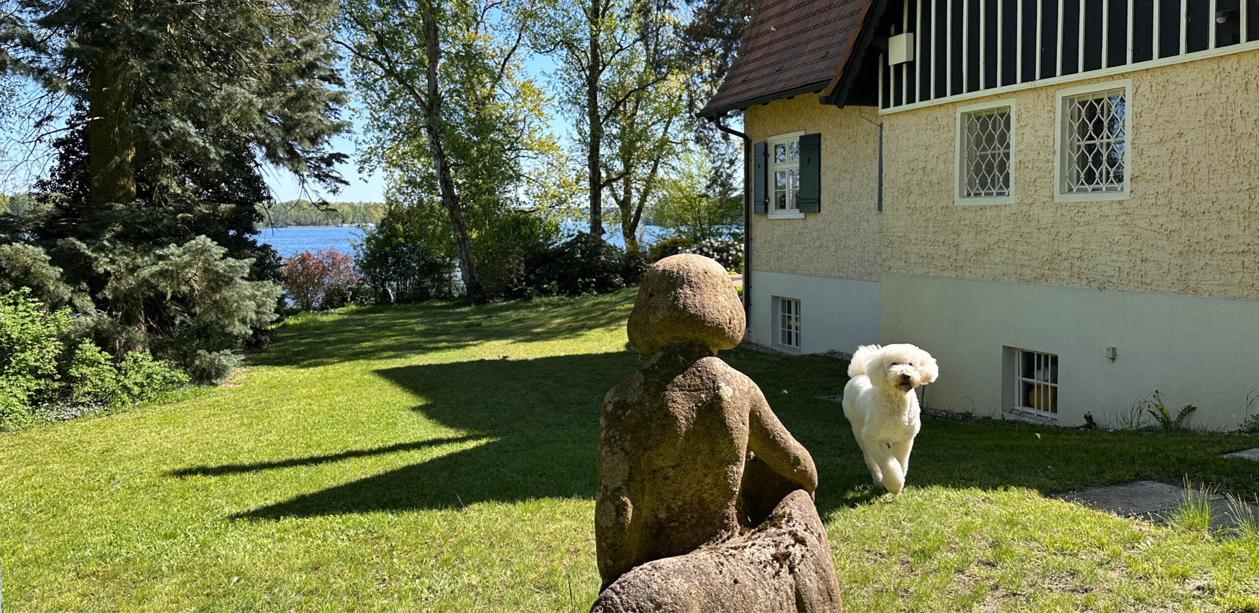 Blick vom Garten zum See mit Golden Doodle Eddi im Vordergrund
