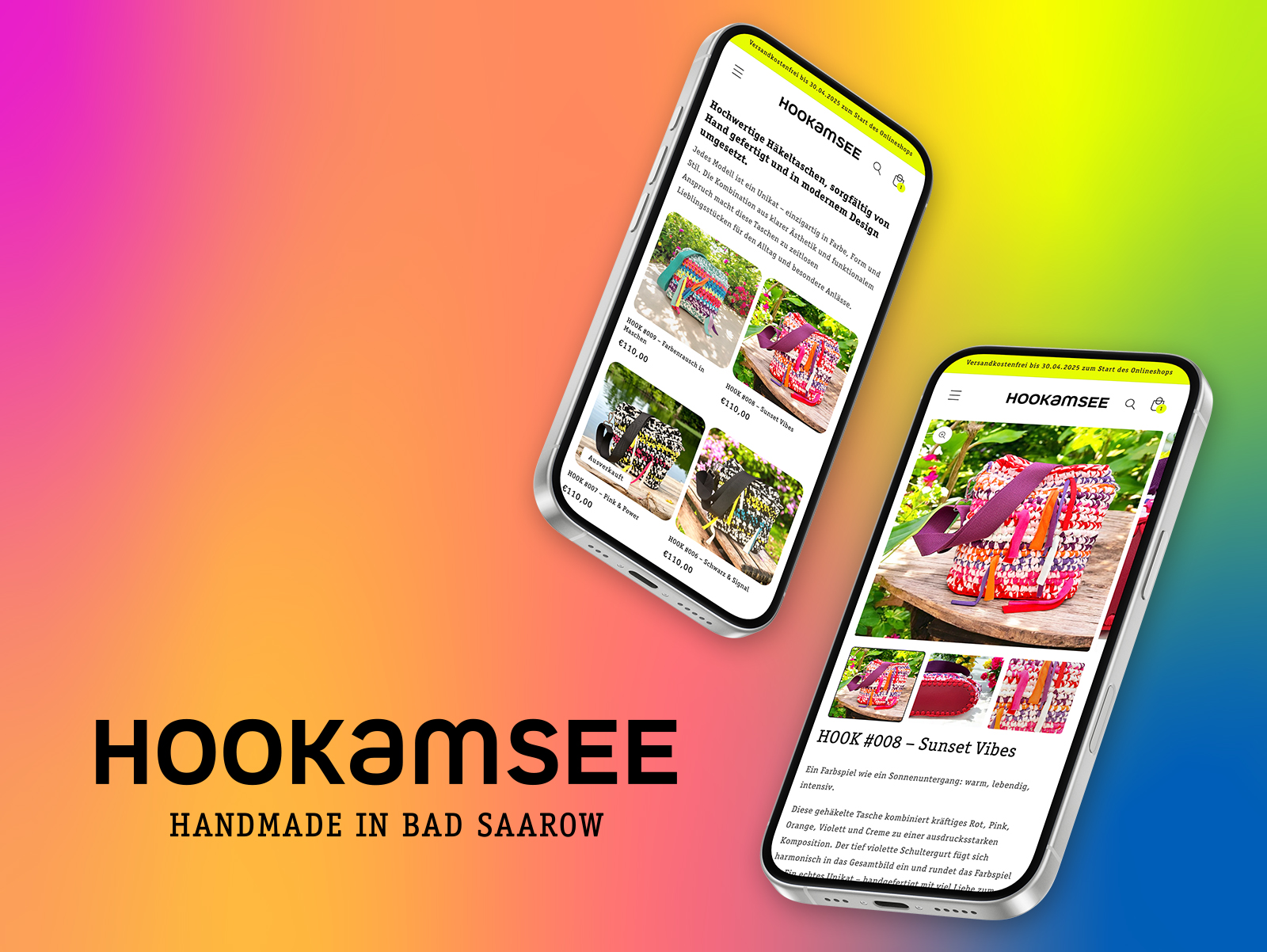 HOOKamSEE Logo mit Unterzeile »Handmade in Bad Saarow« – Onlineshop auf Smartphones vor Farbverlauf-Hintergrund