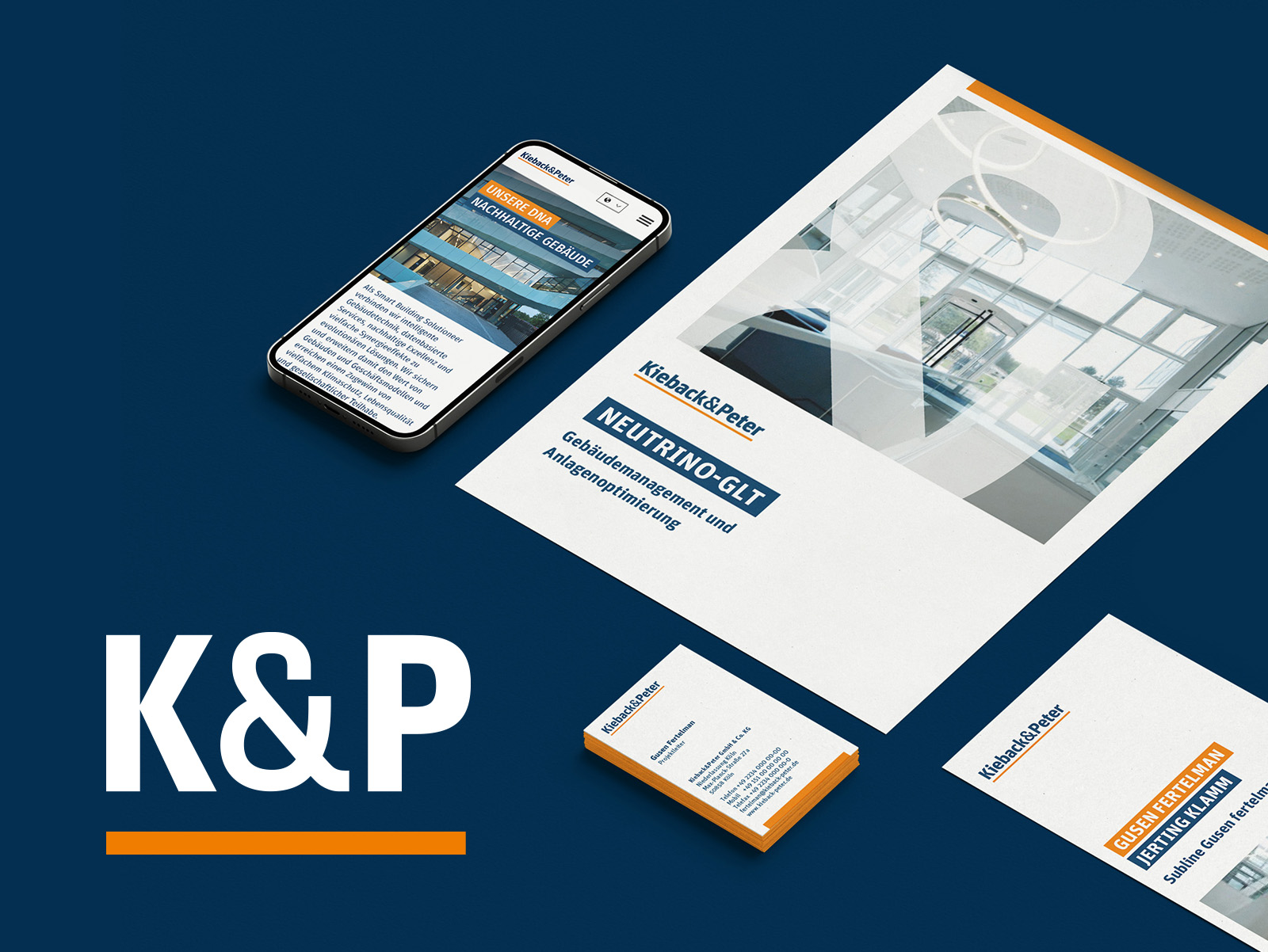 Kieback&Peter Beispiele für Webdesign, Broschürentitel, Visitenkarte und Logo Initialen